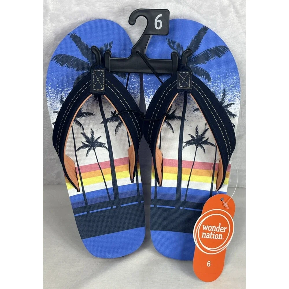 Wonder Nation Palm Tree Design Flip Flops Unisex Boys Girls Blue Size 6 NEW